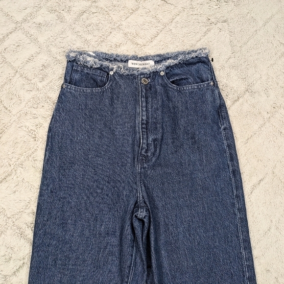 WeWoreWhat Jeans Women's 24 Blue Dark Straight Leg High Rise Relaxed Raw Hem - Picture 2 of 9